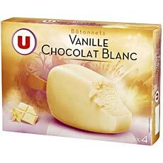 Batonnets glaces vanille enrobes de chocolat blanc U, 4 unites, 360ml