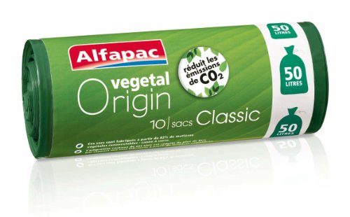 Sacs poubelle 50l a liens classiques Vegetal Origin ALFAPAC, 10 unites