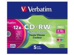 CD-RW 12X VERBATIM, 5 unites en boitier slim case colores