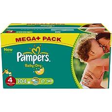 Couches Baby Dry mega + PAMPERS, taille 4, 7 a 18kg, 104 unites