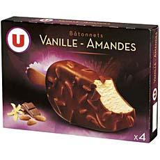 Batonnets glaces vanille enrobes de chocolat au lait et amandes U, 4 unites, 360ml
