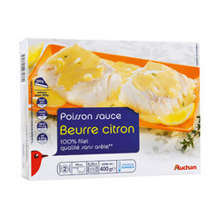 Poisson sauce beurre citron, 100% filet, qualite sans arete Colin d'Alaska. 2 emballages individuels. 20 min a la casserole, 8 min au four.