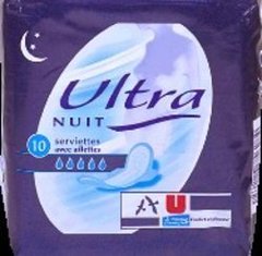 Serviettes hygieniques a aillettes pliees Ultra Nuit U, 10 unites