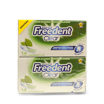 Chewings gum sans sucre Clear chlorophylle FREEDENT, 2x14 tabs, 54g