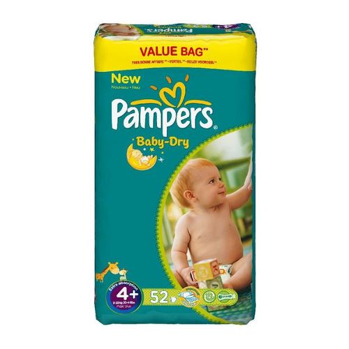 Couches Baby Dry maxi + drugbag PAMPERS, taille 4 + , 9 a 20kg, 52 unites