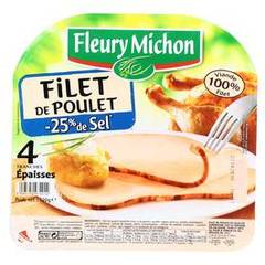 Fleury Michon, Filet de poulet -25% de sel, le paquet de 4 tranches - 120 g