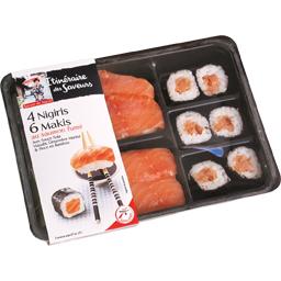 Claude Leger, Assortiment de sushis au saumon fume, la barquette de 4 nigiris + 6 makis + sauce - 200g