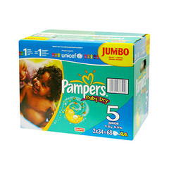 Couches Pampers Baby Dry Jumbo, taille 5 (11-25kg), paquet de 68