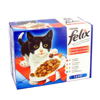 Felix, Eminces en gelee pour chats, boeuf, saumon, poulet et thon, les 12 sachets de 100g
