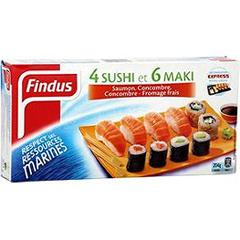 Findus, Sushi et maki, saumon, concombre, fromage frais, la boite de 6 sushi + 8 maki - 204g