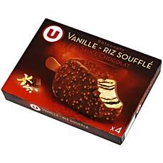Batonnets glaces vanille enrobes chocolat au lait et riz souffle U, 4 unites, 360ml