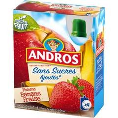 Andros Sans Sucres Ajoutés - Dessert fruitier pomme banane fraise les 4 gourdes de 90 g