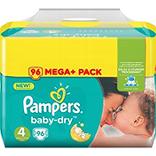 Couches baby dry méga + taille 4 (7-18kg) PAMPERS, 96 unités