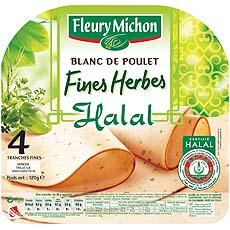 Blanc de poulet aux fines herbes Halal FLEURY MICHON, 4 tranches fines, 120g