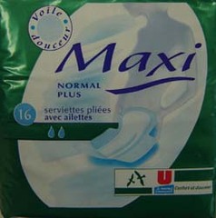 Serviettes hygieniques pliees maxi Normal Plus U, 16 unites