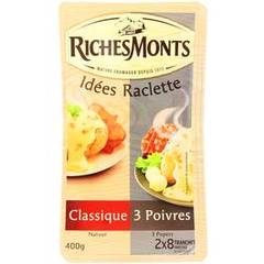 Fromage pasteurisé pour raclette nature et 3 poivres RICHESMONTS, 26%de MG, 2x8 tranches, 400g