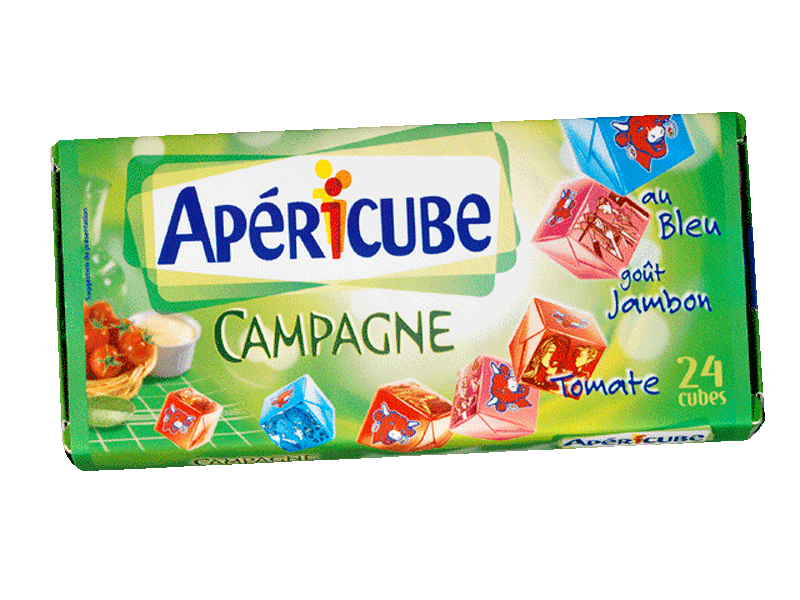 Apericube - Etui campagnard assortiment de cubes de fromage fondu - 24 cubes Assortiment de 3 gouts : bleu, tomate et jambon. 23% de matieres grasses, a base de lait pasteurise.