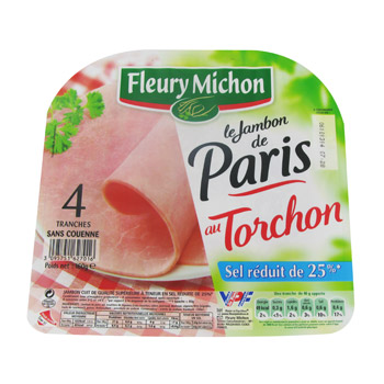 Jambon cuit au torchon a teneur reduite en sel Le Paris FLEURY MICHON, 4 tranches, 160g