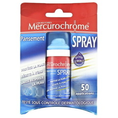 Mercurochrome, Pansement spray, protege la plaie, resiste a l'eau, laisse respirer la peau, 50 applications, le blister,32,5ml