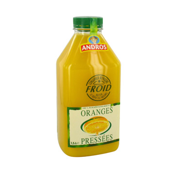 Jus frais d'oranges pressees Sans sucre ajoute, sans ajout d'eau, de colorants, ni de conservateur.