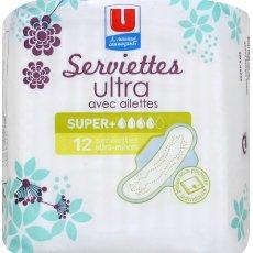 Serviettes hygieniques a aillettes pliees Ultra Super Plus U, 12 unites