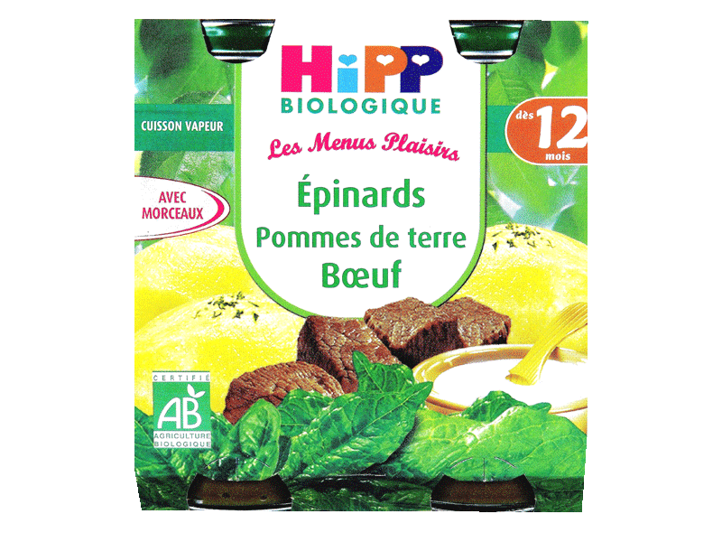 Petits pots epinards, pommes de terre et boeuf HIPP BIOLOGIQUE, 2x250g