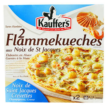 Kauffer's, Tartes flambees aux noix de Saint Jacques x2, noix de Saint Jacques, crevettes, champignons et creme, garnies a la main,
