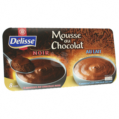Delisse mousse avec sauce au chocolat: 4 chocolat noir et 4 chocolat au lait 8 x 60g