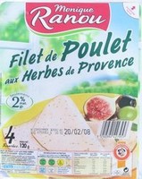 Fin Plaisir Filet de poulet aux herbes de Provence, traite en salaison, qualite choix, la barquette de 4 tranches - 120g