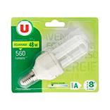 Ampoule tube à économie d'énergie U, 11W=48W, E14, 560 lumens
