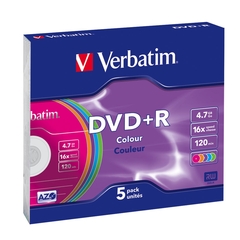DVD + R 16X VERBATIM, 5 unites en boitiers slim case colores