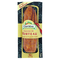 Claviere, Veritable saucisse de Morteau fabriquee en Franche-Comte, fumee au bois de sapin et d'epicea, le paquet de 350g