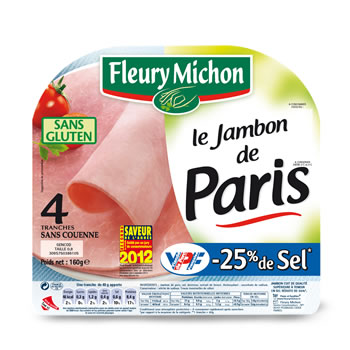 Jambon de Paris a teneur reduite en sel Le Tradition Fleury Michon, 4 tranches, 160g
