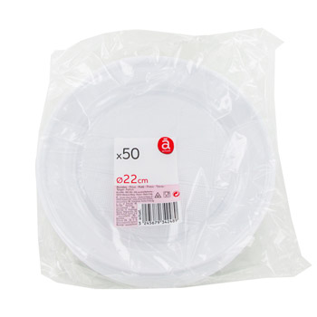 Assiettes en plastiques blanches 22 cm de diamètre.