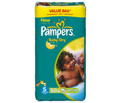 Couches Baby Dry junior drugbag PAMPERS, taille 5, 11 a 25kg, 50 unites