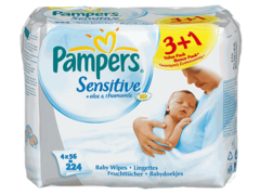 Pampers Sensitive - Lingettes bébés, aloé & camomille les 3 + 1 paquets de 56 lingettes