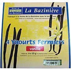Yaourts fermiers a la vanille LA BAZINIERE, 4x125g