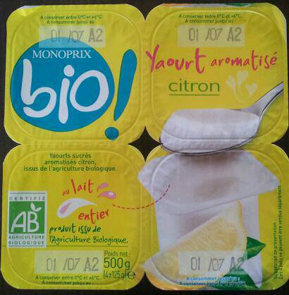 Citron, yaourt aromatisé, certifié agriculture biologique