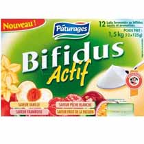 Bifidus actif, laits fermentes sucres et aromatises, saveur vanille, framboise, peche blanche et fruit de la passion,