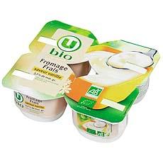 Fromage frais sucre au lait pasteurise saveur vanille U BIO,2,7%MG, 4x100g