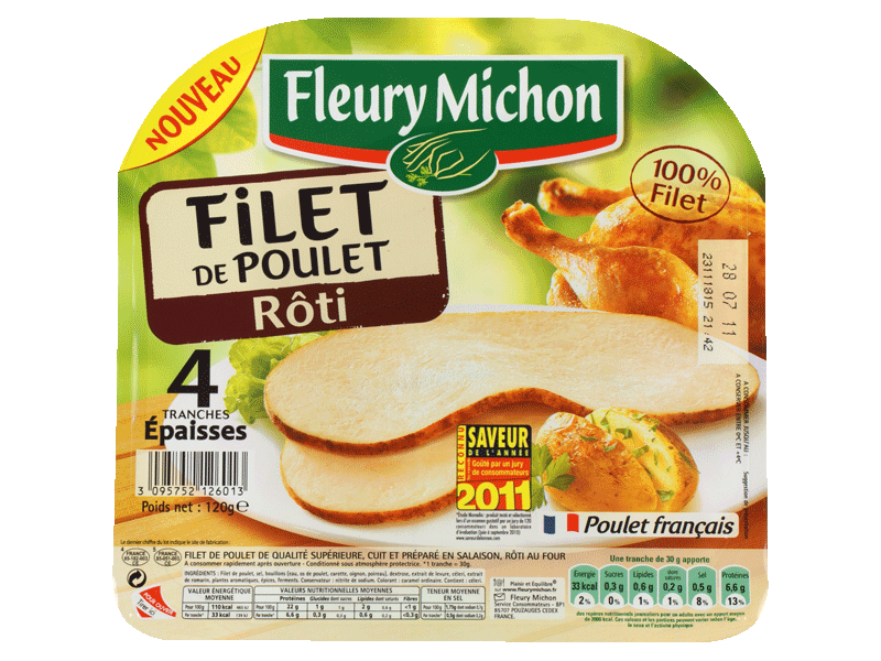 Filet de poulet roti FLEURY MICHON, 4 tranches, 120g