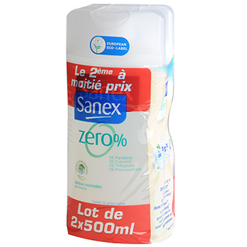 Gel douche et bain Sanex Zero% Px normales 2x500ml 2e 1/2 prix