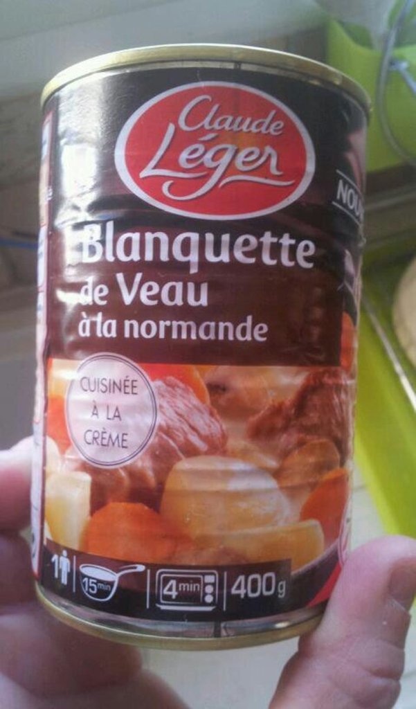 Claude Leger, Blanquette de veau a la Normande cuisinee a la creme, la boite de 400g