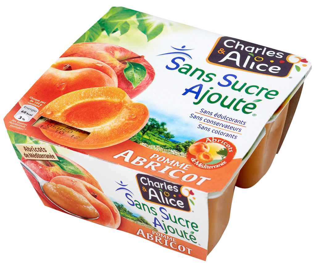 Compote sans sucre ajoute pomme abricot, 4 x 100 g 2 achete = 1 offert