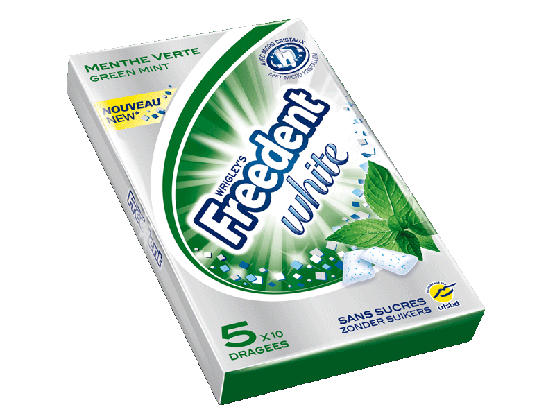 Chewing gums sans sucre a la menthe verte FREEDENT White, 5x10 dragees, 70g