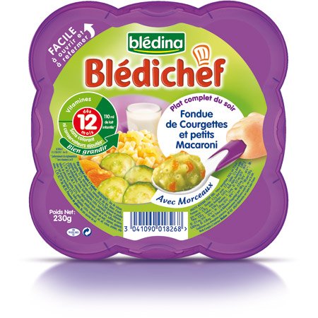 Bledina, Fondue de courgettes et petits macaroni, des 12 mois, l'assiette 230g