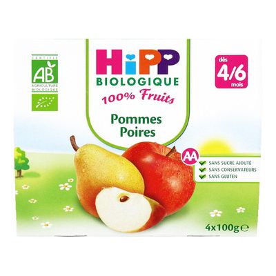 Compote infantile bio 100% Fruits pommes poires HIPP, des 4-6 mois, 4x100g