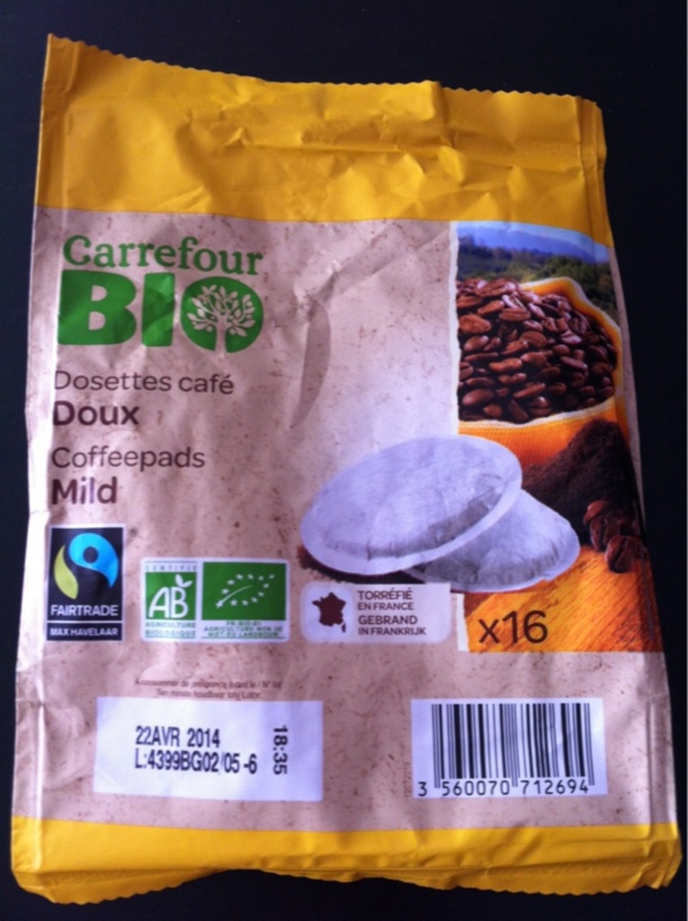 Café dosettes doux Carrefour Bio