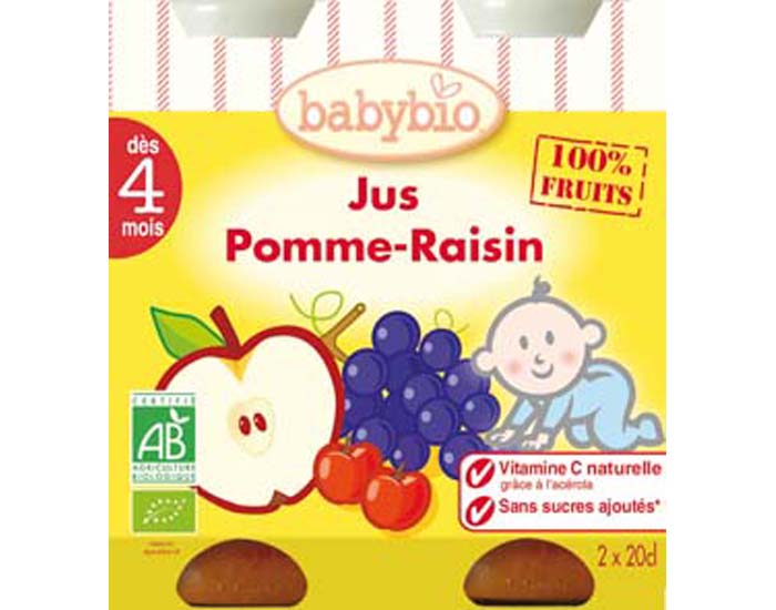 Jus de fruit bio pomme raisin BABYBIO, des 4 mois, 2x20cl
