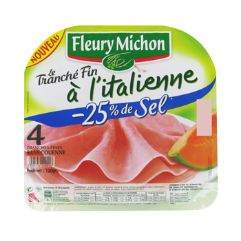 Jambon decouenne tranche fin a l'Italienne - 25% de sel FLEURY MICHON, 4 tranches, 120g